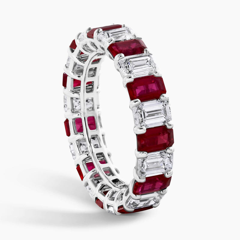 18ct white gold emerald cut ruby and diamond full circle ring side view