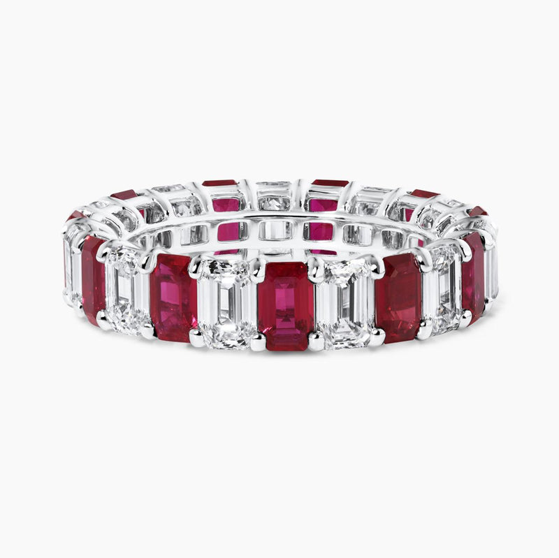 18ct white gold emerald cut ruby and diamond full circle ring