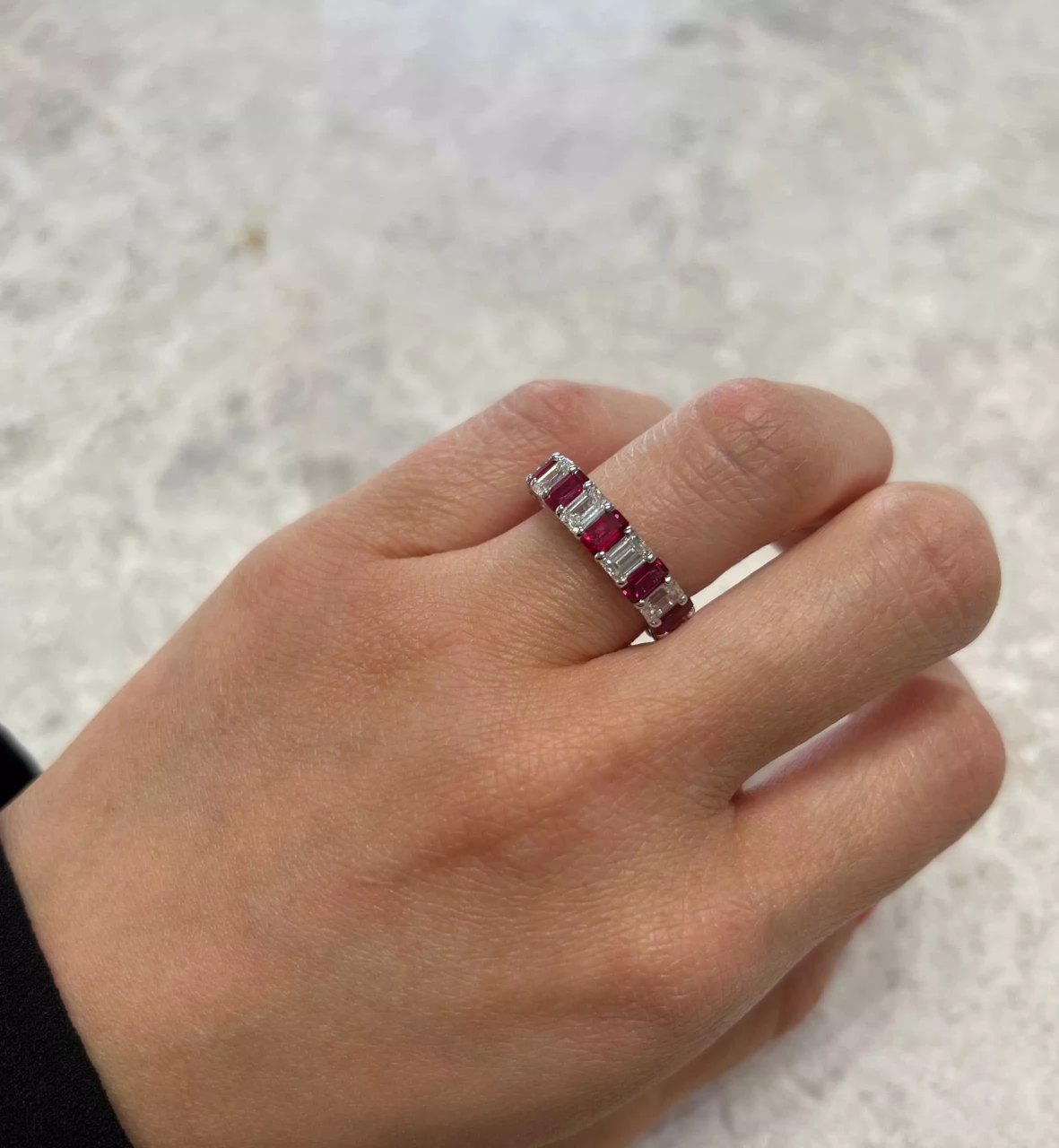 18ct white gold emerald cut ruby and diamond full circle ring