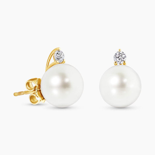 18ct yellow gold 10mm near round white South Sea pearl and diamond stud earrings