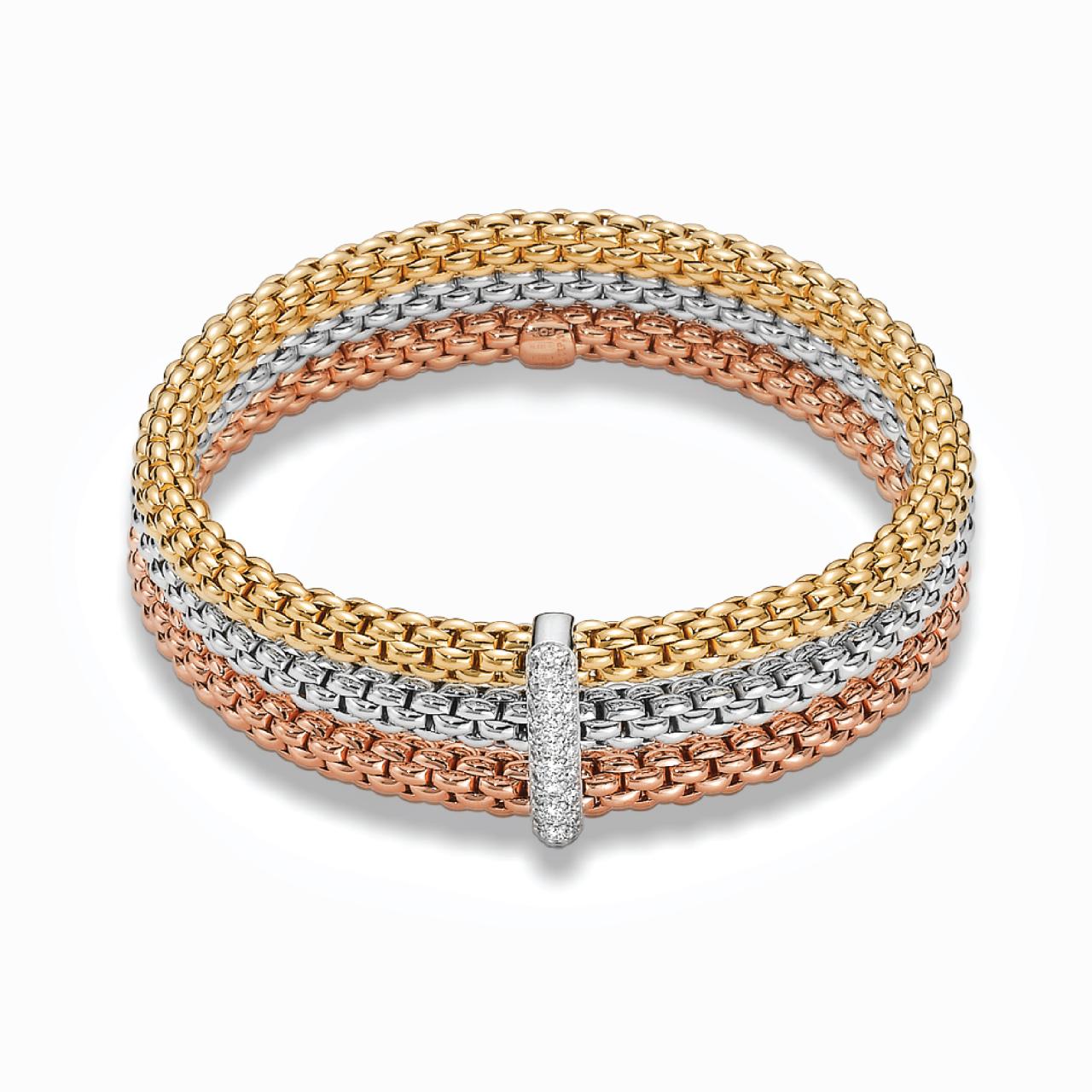 18ct yellow white and rose gold stretch diamond Fope bracelet