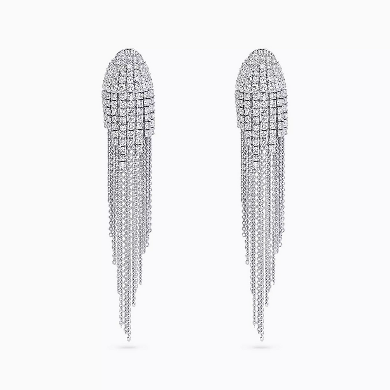 A pair of 18ct white gold layered chain drop earrings with pave set diamonds
