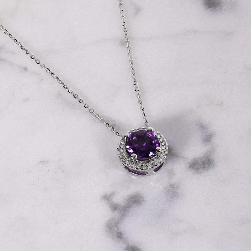 18ct white gold round amethyst and diamond halo necklace