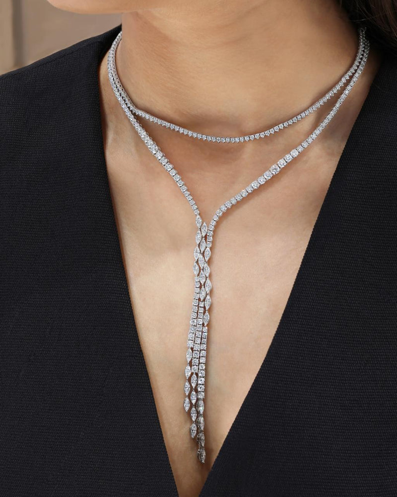 18ct white gold marquise and round cut diamonds drop tennis necklace