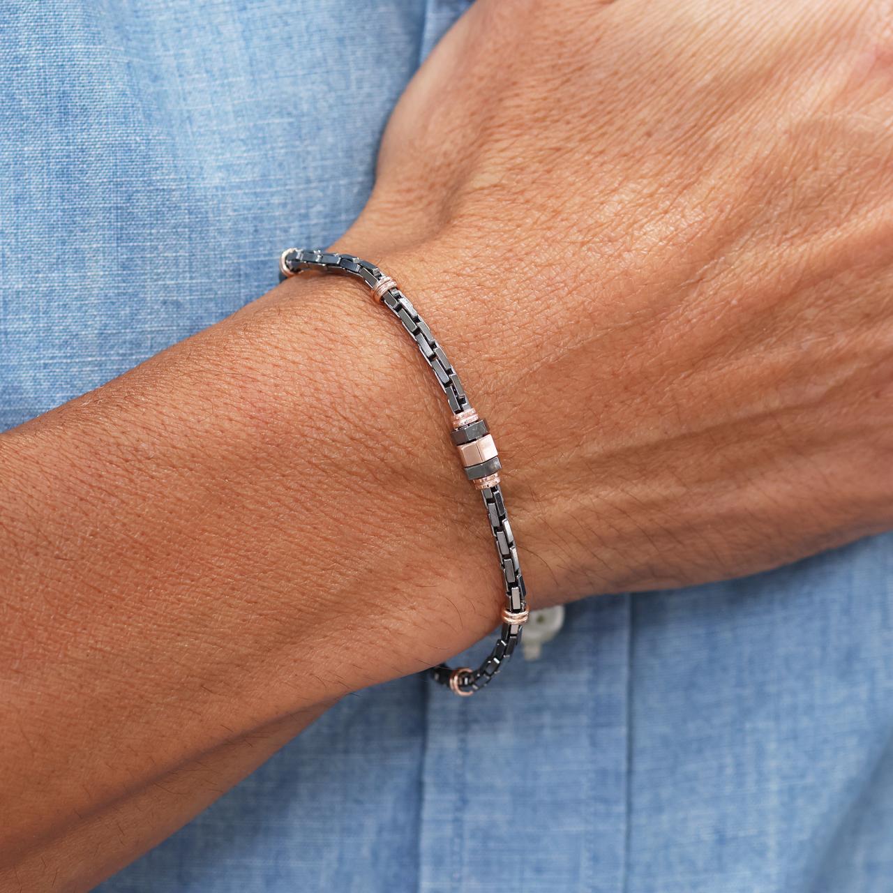 Bi-colour (Black Rhodium/ Rose gold) plated silver men's bracelet on the wrist