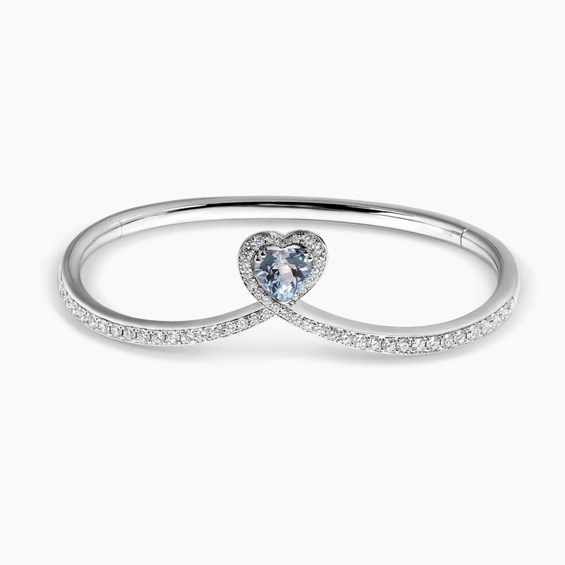 18ct white gold heart cut aquamarine and diamond bangle