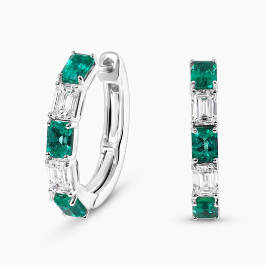 18ct white gold emerald and diamond claw set hoop earrings