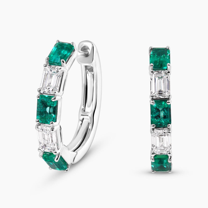 18ct white gold emerald and diamond claw set hoop earrings