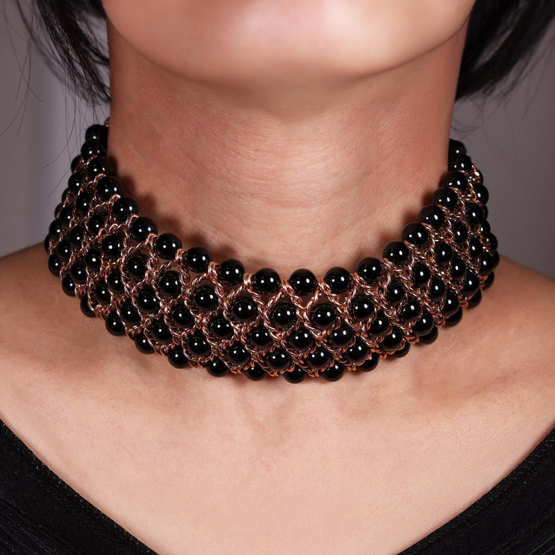 Onyx beads with gold plated silver fittings choker necklace from the Carmela Cerrone Collection on the neck