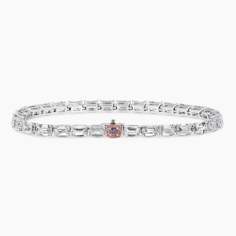 Platinum and 18ct rose gold emerald cut diamond tennis bracelet with certified pink and blue diamond clasp