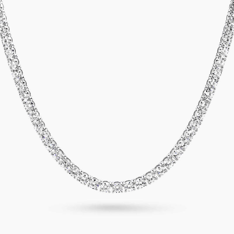 An 18ct white gold tennis necklace with lab grown diamonds in a four claw setting.