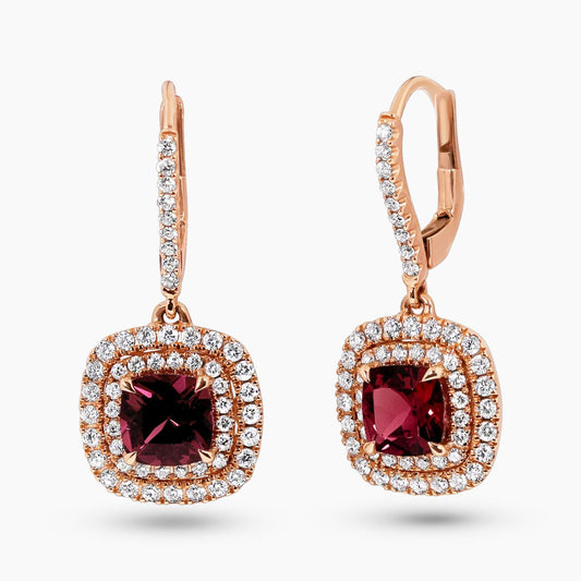 18ct rose gold rhodalite and  diamond drop earrings