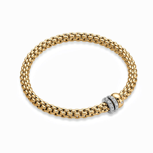 18ct yellow gold mesh 'FOPE' Solo Collection: Flex'it bracelet with two pave set rondels and one gold with drop set diamond rondel