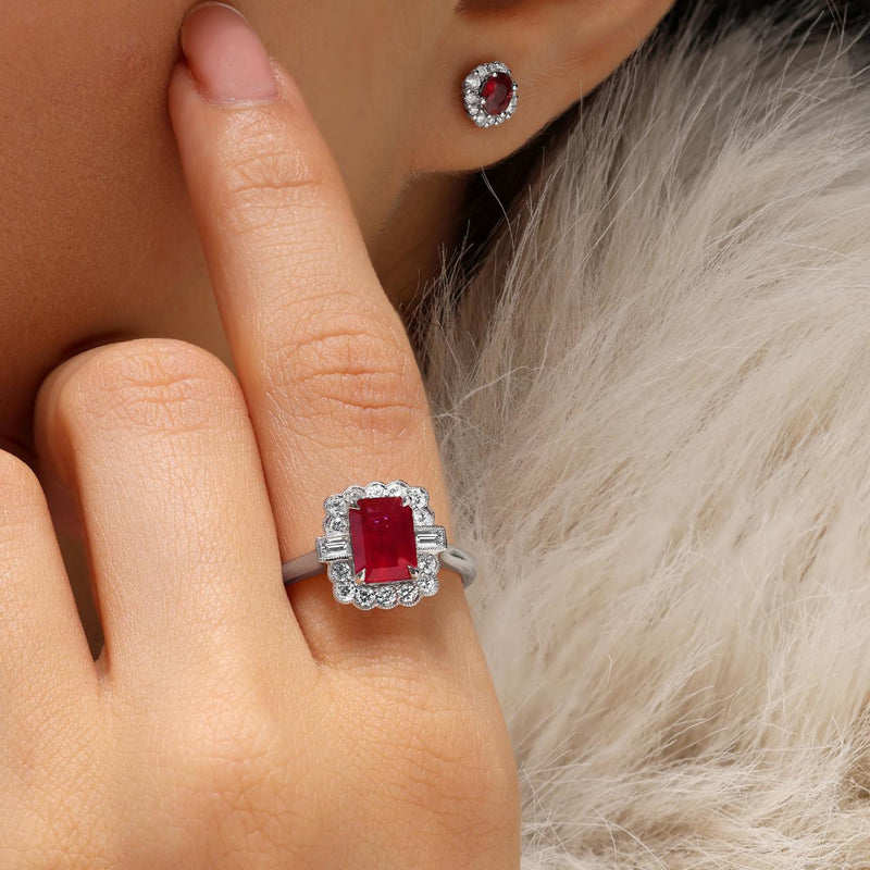 18ct white gold oval ruby & diamond stud earrings on ear
