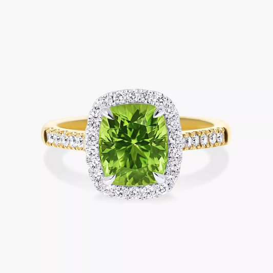 18ct white and yellow gold 2.98ct peridot and diamond halo ring