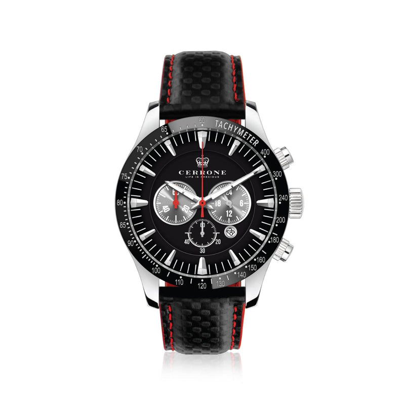 A Cerrone chronograph watch with a black leather band, black dial, and red accents, from the 50th Anniversary 'Rosso Nero' collection.