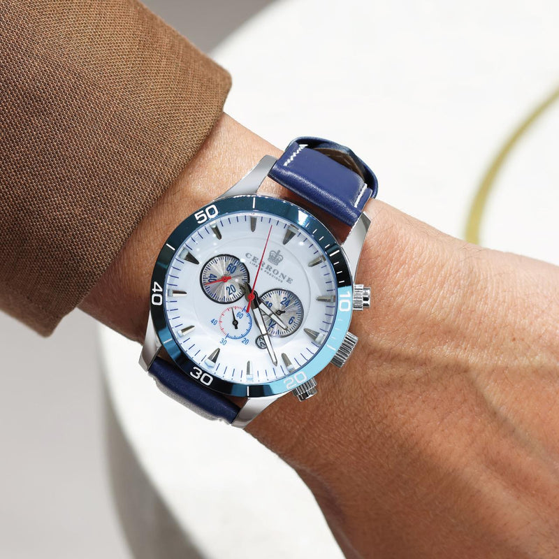Cerrone 50th Anniversary chronograph ‘blu’ watch on the wrist