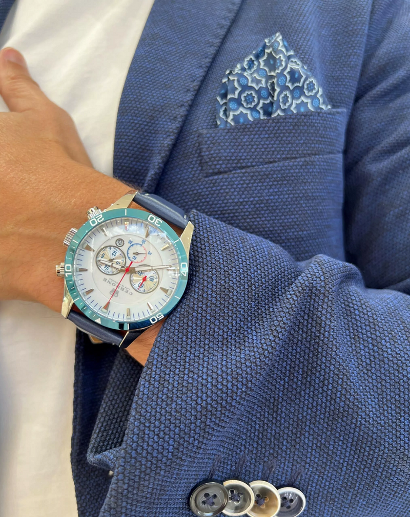 Cerrone 50th Anniversary chronograph ‘blu’ watch on the wrist