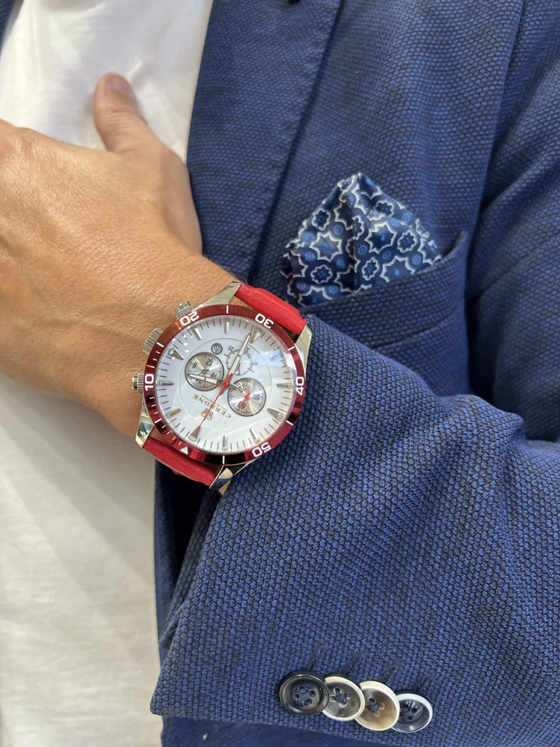 Cerrone 50th Anniversary chronograph ‘Rosso’ watch on the wrist