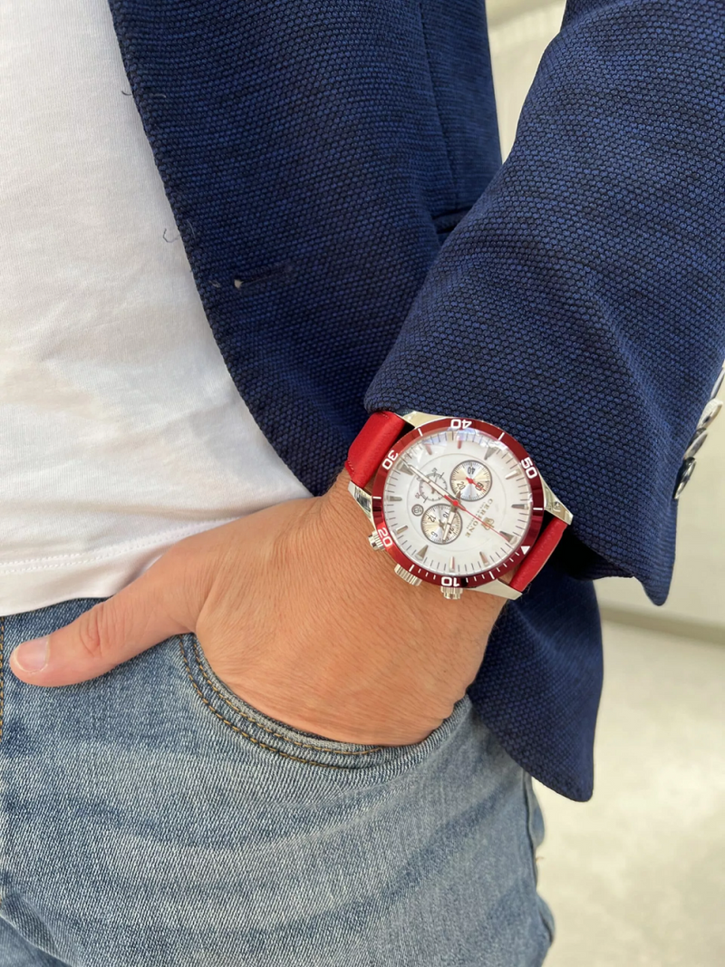 Cerrone 50th Anniversary chronograph ‘Rosso’ watch on the wrist