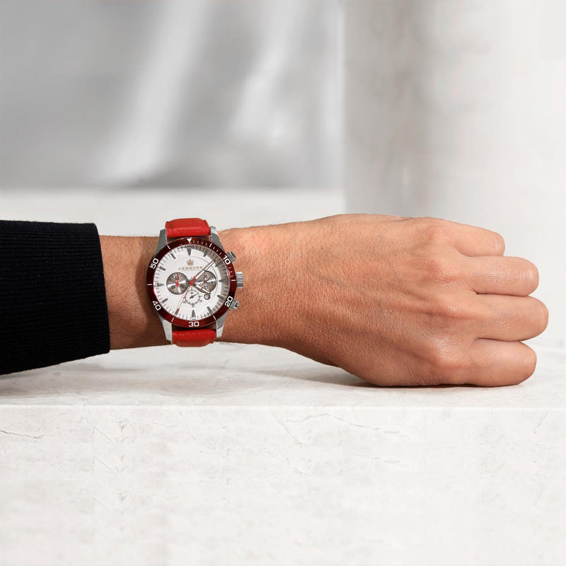 Cerrone 50th Anniversary chronograph ‘Rosso’ watch on the wrist