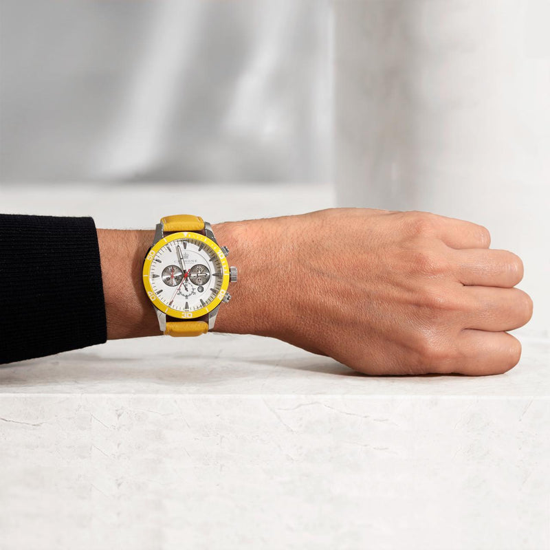 Cerrone 50th Anniversary chronograph ‘Giallo’ watch on the wrist