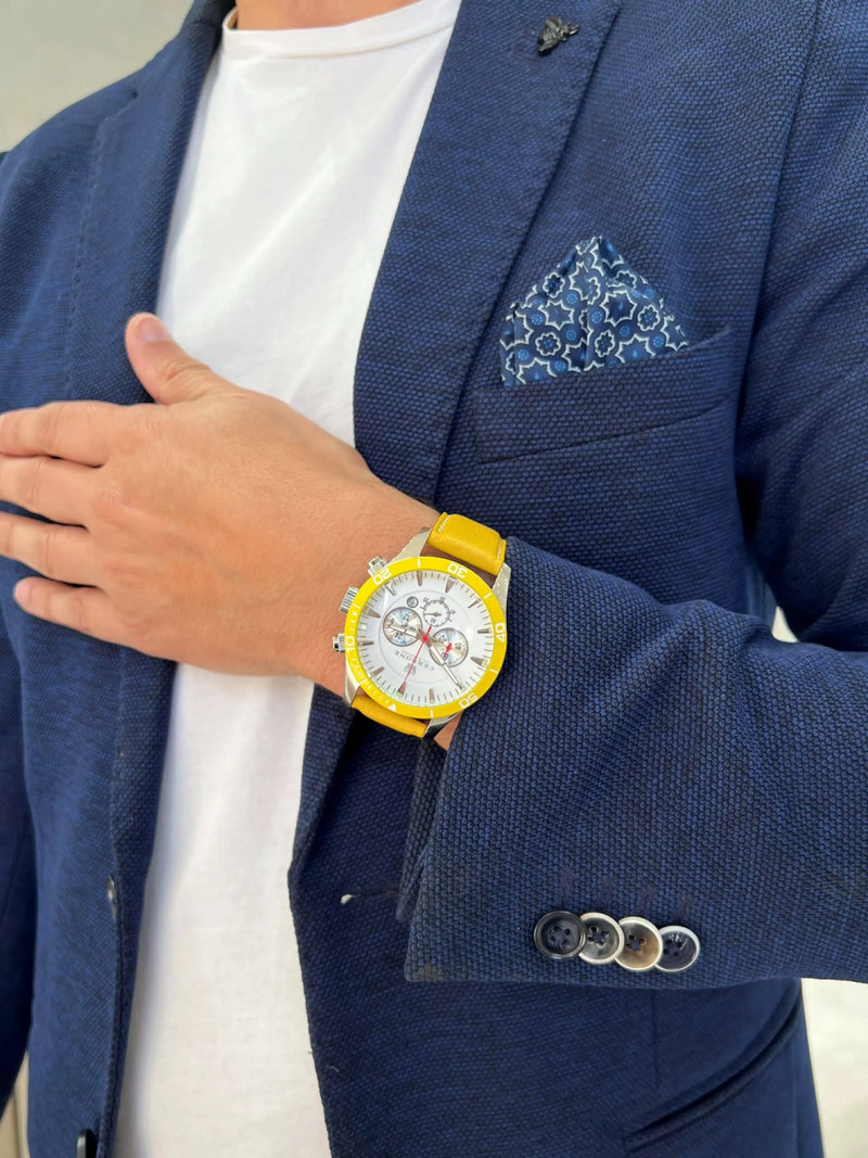 Cerrone 50th Anniversary chronograph ‘Giallo’ watch on the wrist