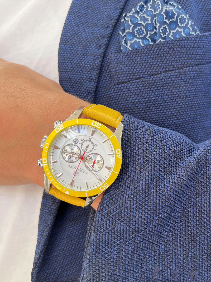 Cerrone 50th Anniversary chronograph ‘Giallo’ watch on the wrist