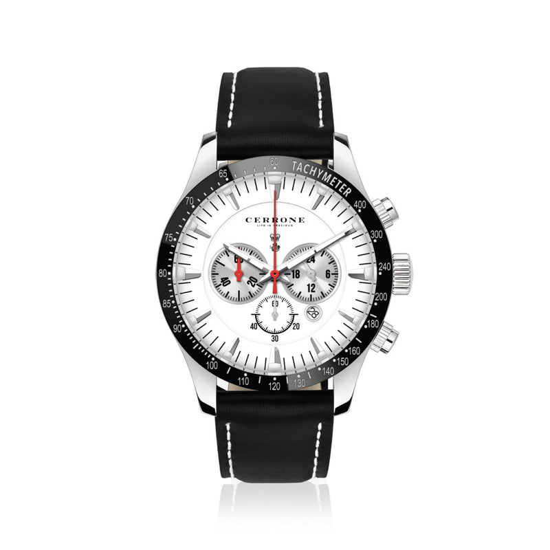 A Cerrone chronograph watch with a black leather band and a white dial, featuring a tachymeter and a black bezel.