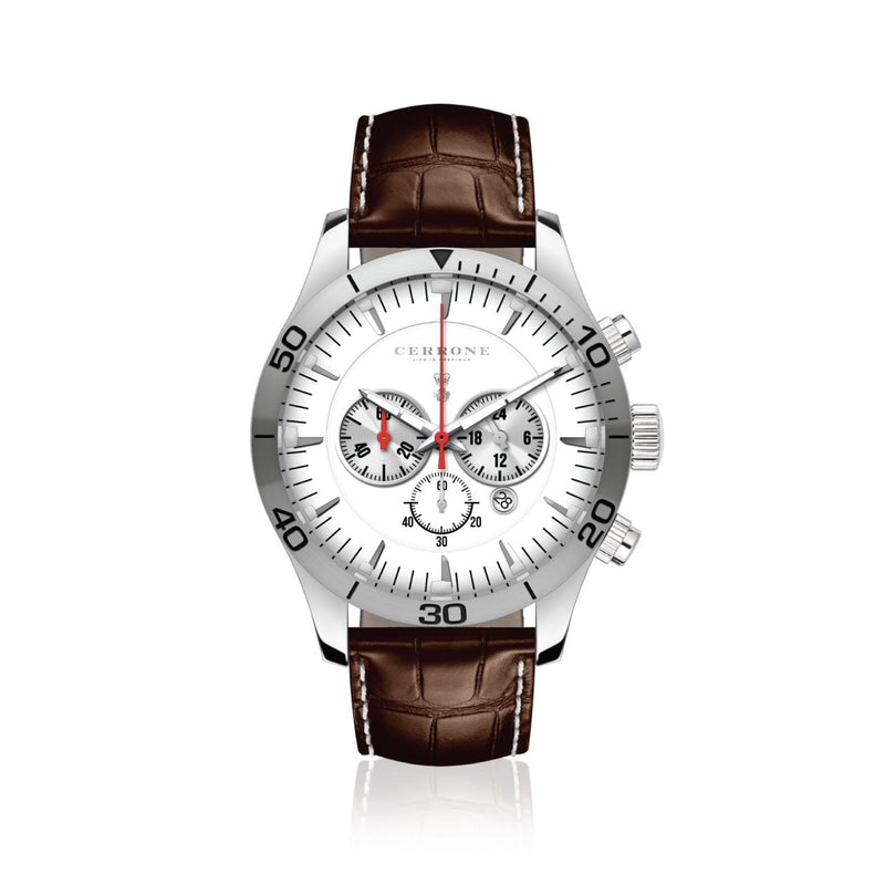 A Cerrone chronograph watch with a brown leather band and a white dial, from the Venezia Collection.