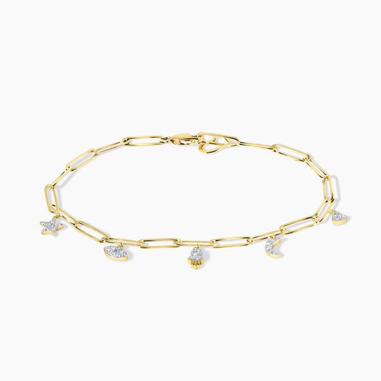 18ct yellow gold 31=0.19ct diamond star, evil eye, hand, moon and heart charm paperclip bracelet