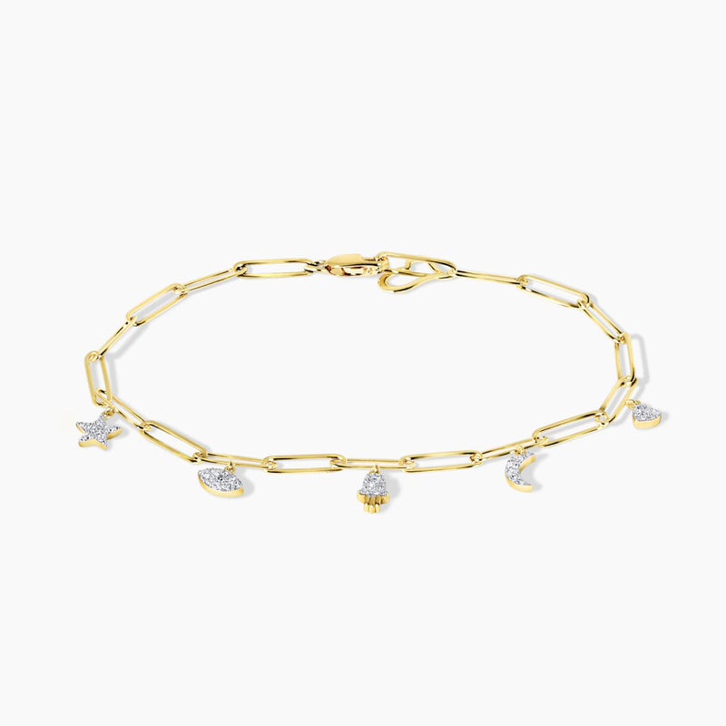 18ct yellow gold diamond star, evil eye, hand, moon and heart charm paperclip bracelet