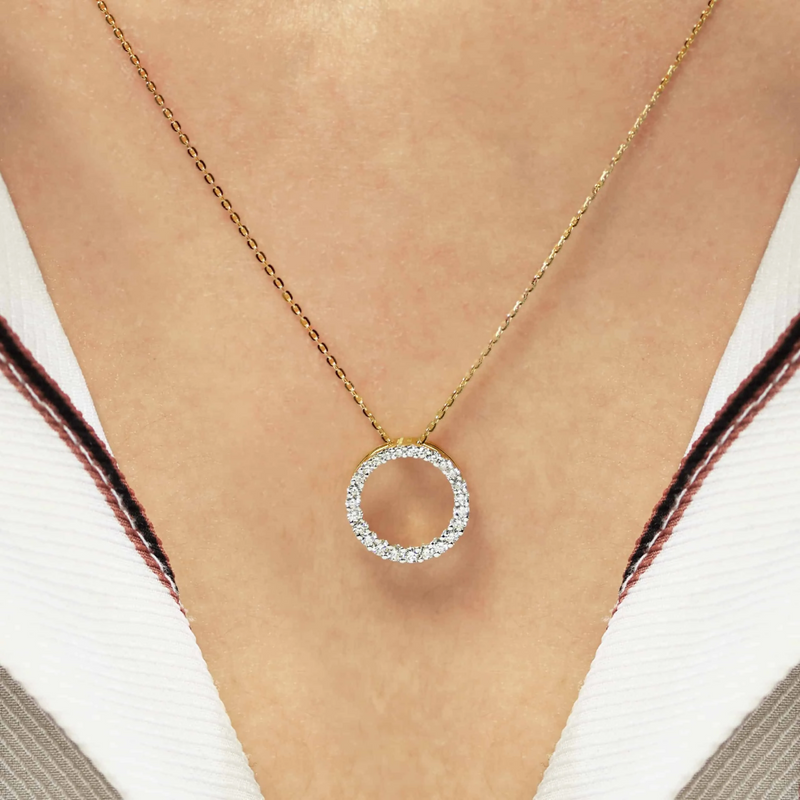 18ct yellow gold diamond circle necklace on the neck