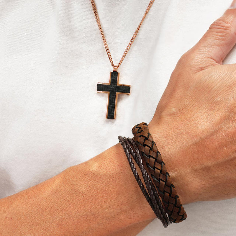 Ion Plated Rose Gold and Black Chequered Inlay Cross necklace on neck