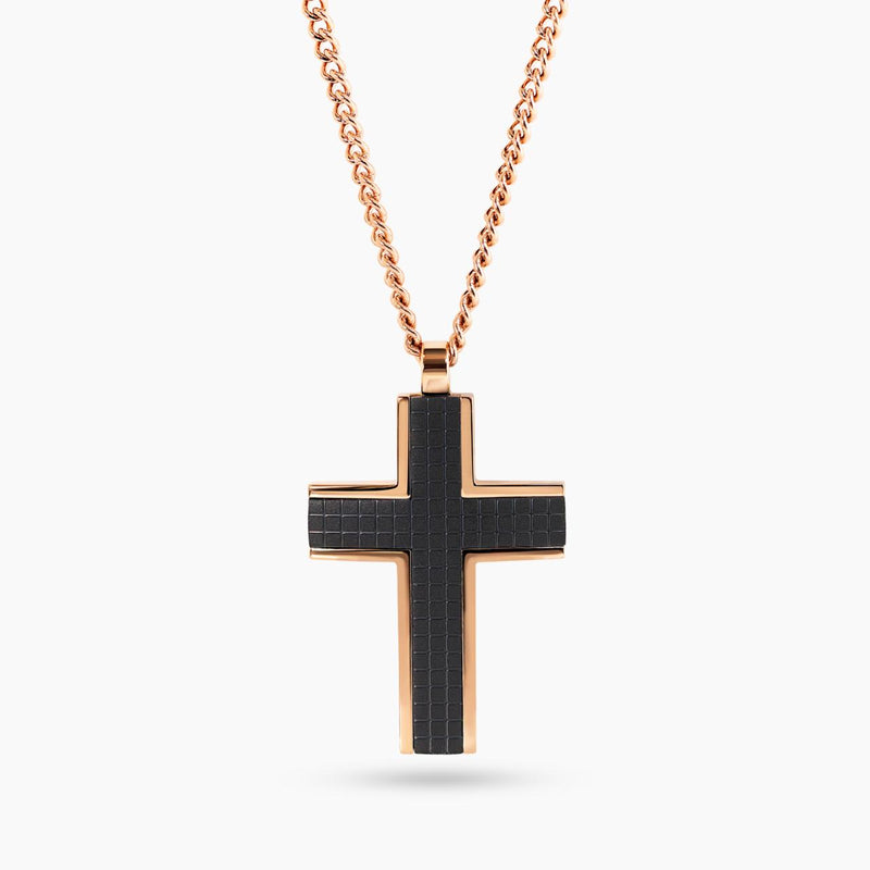 Ion Plated Rose Gold and Black Chequered Inlay Cross necklace