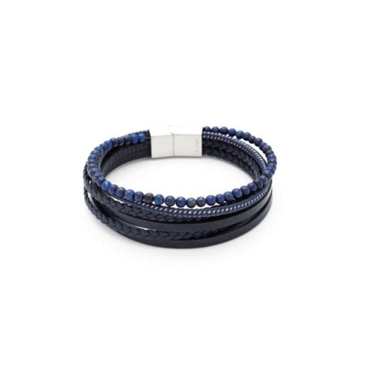 Blue Leather Multi Strand/Lapis Stainless Steel Mens Bracelet