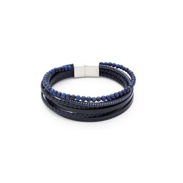 Blue Leather Multi Strand/Lapis Stainless Steel Mens Bracelet
