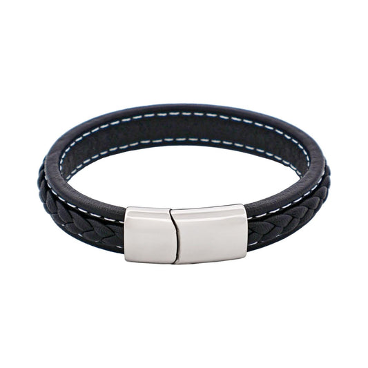 Black Stitched Leather / Stainless Steel mens Bracelet
