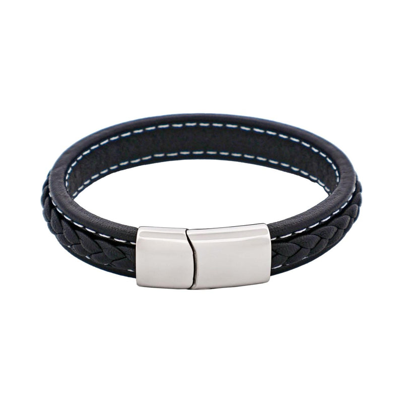 Black Stitched Leather / Stainless Steel mens Bracelet