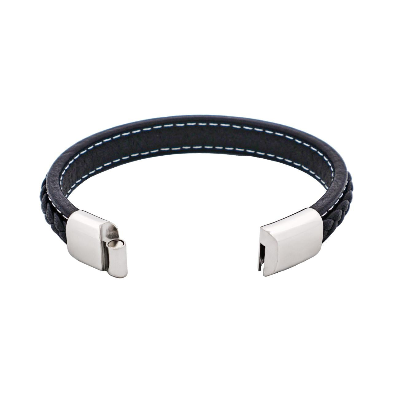 Black Stitched Leather / Stainless Steel mens Bracelet clasp opened