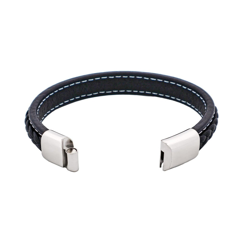 Black Stitched Leather / Stainless Steel mens Bracelet clasp opened