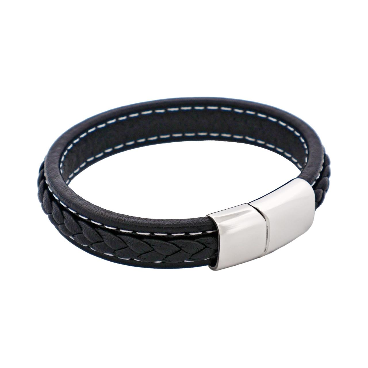 Black Stitched Leather / Stainless Steel mens Bracelet