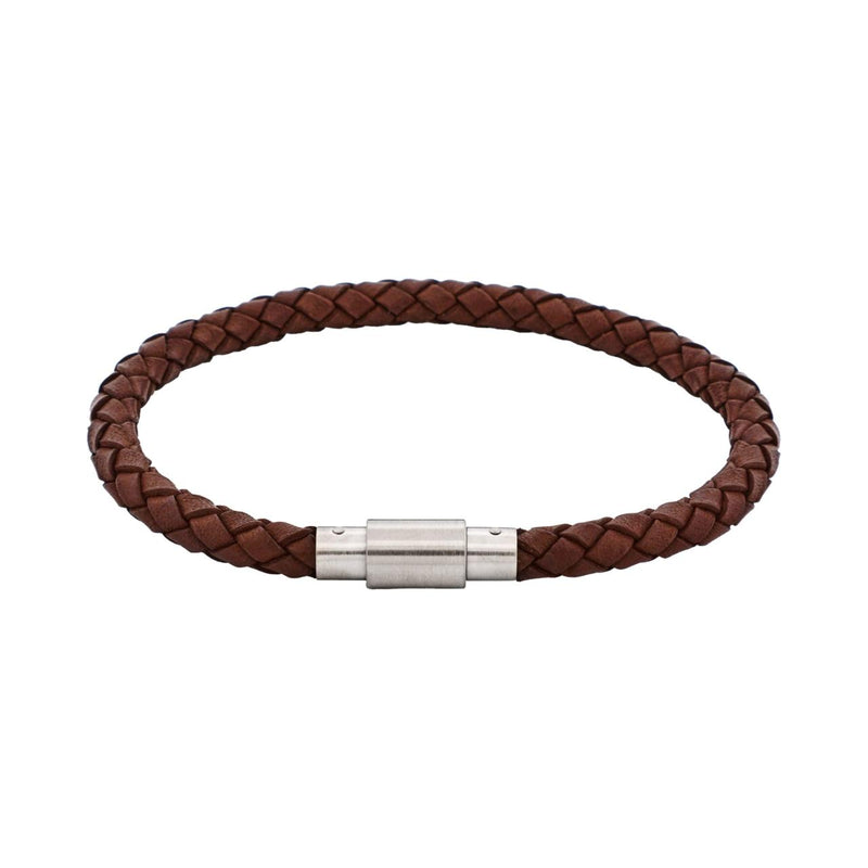 Platted brown leather and stainless steel mens bracelet 20cm