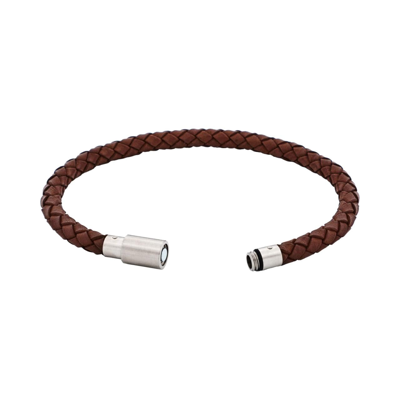 Platted brown leather and stainless steel mens bracelet 20cm