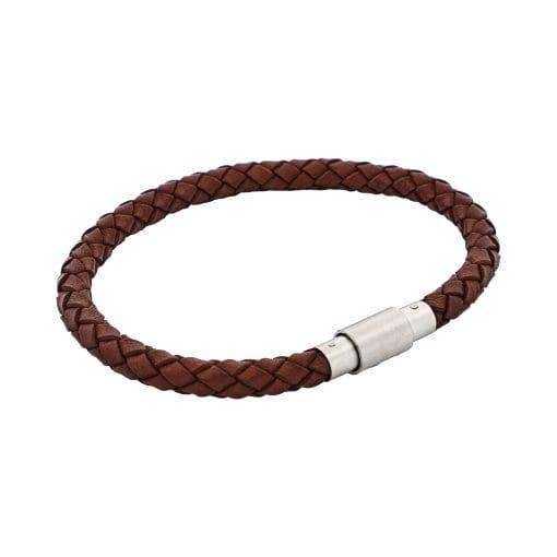 Platted brown leather and stainless steel mens bracelet 20cm