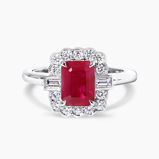 18ct white gold 1.90ct emerald cut ruby and diamond halo ring