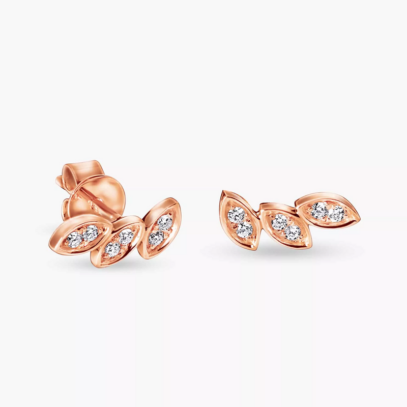 A pair of 18ct rose gold diamond stud earrings with multiple round brilliant cut diamonds set in leaf-like designs.