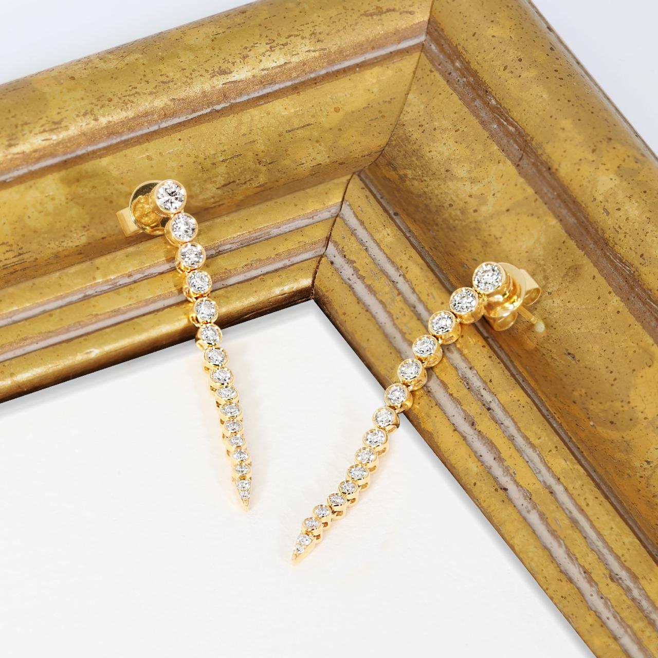 18ct yellow gold round brilliant cut diamond bezel set drop earrings