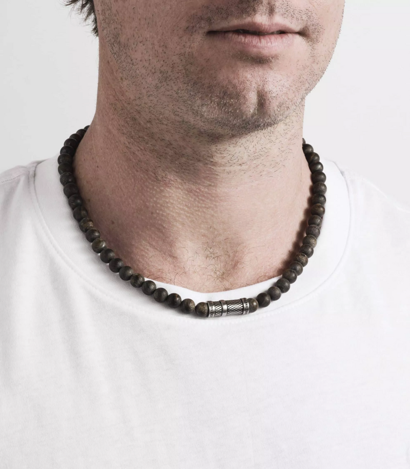 Bronzite Stone Men's Necklace displayed on the neck