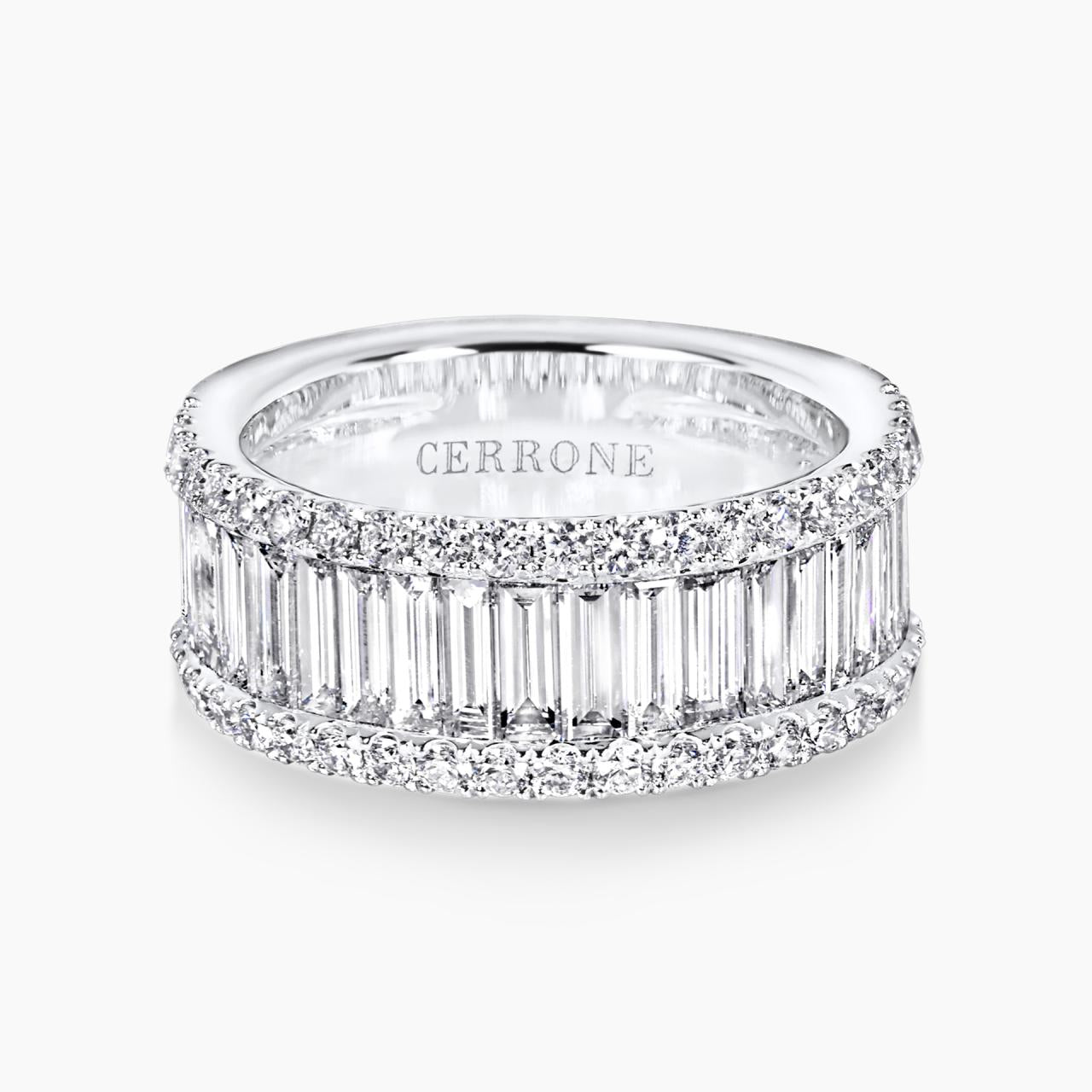 Platinum baguette and round brilliant cut diamonds ring